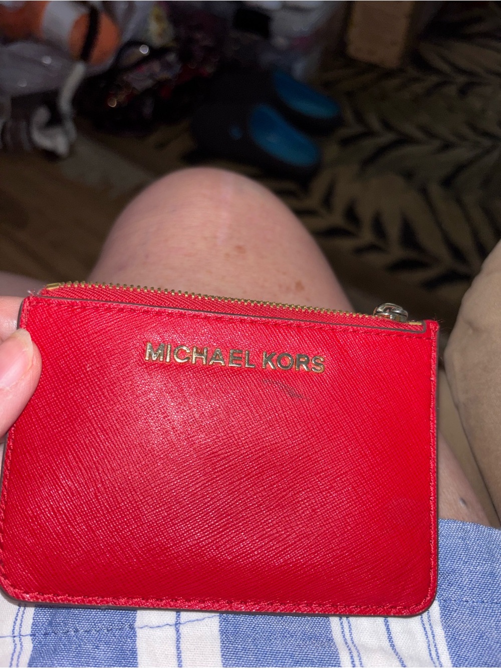 Michael Kors Red Leather Mini Zip Pouch with Gold Logo.